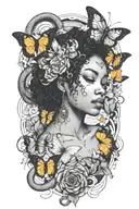 afro woman surrounded by snakes and butterflies tattoo design idea