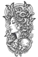 medusa snake hair surrounded by butterflies fluttering tattoo design idea