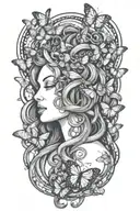 medusa snake hair surrounded by butterflies fluttering tattoo design idea