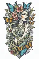 woman surrounded by snakes and butterflies tattoo design idea