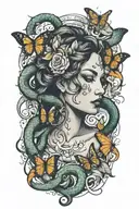 woman surrounded by snakes and butterflies tattoo design idea