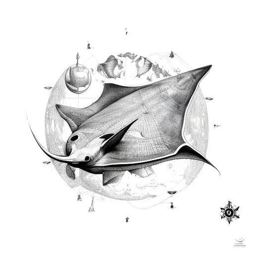 an giant manta ray a nautical map of africa, neptunes trident tattoo design idea