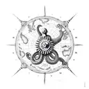 an octopus ontop of a nautical map of africa, with a roman numeral clock showing the number 2 5 2001 tattoo design idea