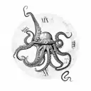 an octopus ontop of a nautical map of africa, with a roman numeral clock showing the number 2 5 2001 tattoo design idea