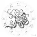 an octopus ontop of a nautical map of africa, with a roman numeral clock showing the number 2 5 2001 tattoo design idea