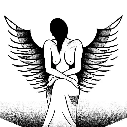 Beautiful females with angel wings playing the harp in heaven tattoo design idea