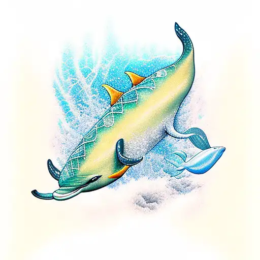 A mesmerizing underwater scene with a school of gold and green dolphins tattoo design idea