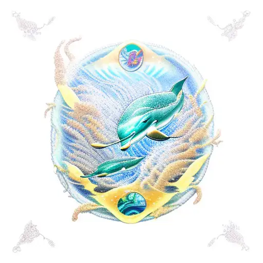 A mesmerizing underwater scene with a school of gold and green dolphins under boat  tattoo design idea