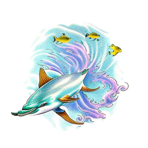 A mesmerizing underwater scene with a school of gold and green dolphins under boat  tattoo design idea