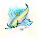 A mesmerizing underwater scene with a school of gold and green dolphins tattoo design idea