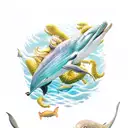 A mesmerizing underwater scene with a school of gold and green dolphins tattoo design idea