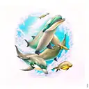 A mesmerizing underwater scene with a school of gold and green dolphins tattoo design idea