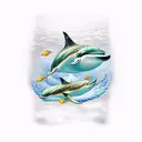 A mesmerizing underwater scene with a school of gold and green dolphins tattoo design idea