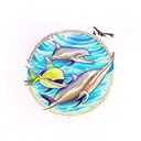 A mesmerizing underwater scene with a school of gold and green dolphins under boat  tattoo design idea