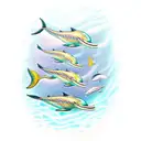A mesmerizing underwater scene with a school of gold and green dolphins under boat  tattoo design idea