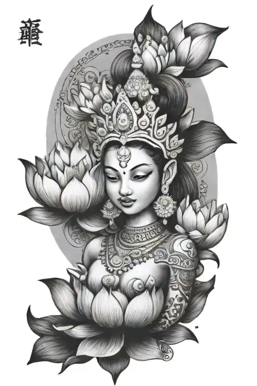 A lotus flower nicely detailed at the bottom, a khmer apsara facing the front looking very magical above the lotus flowe tattoo design idea