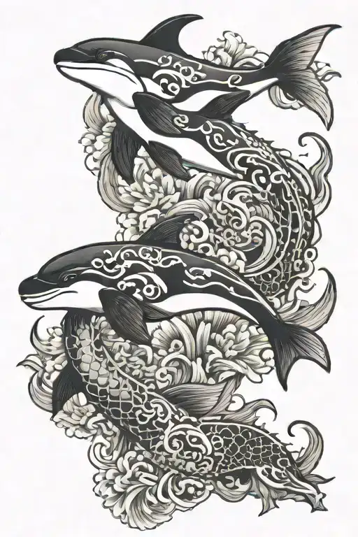 Orca and china dragon together symbolizing tattoo design idea