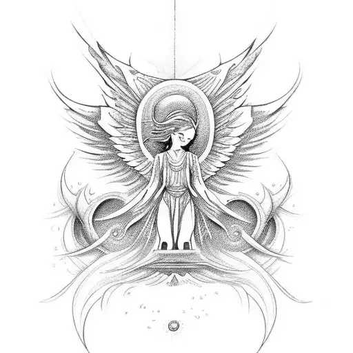 An intricate design featuring a group of angels and Pegasus soaring over the horizon with the quote "Your spirit lives o tattoo design idea