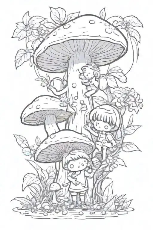 in a sunny day, little cute mushroom guy is playing with little cute cocoa bean girl happily in a Rainforest. tattoo design idea