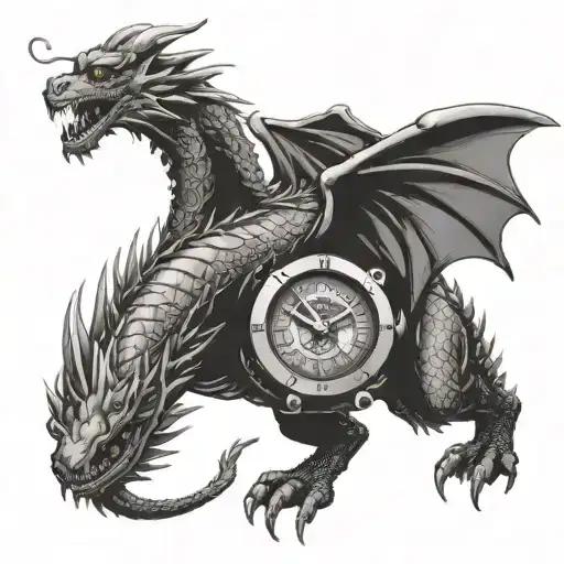 A tattoo design of a dragon holding a time capsule, symbolizing the client's fascination with both mythical creatures and time tattoo design idea