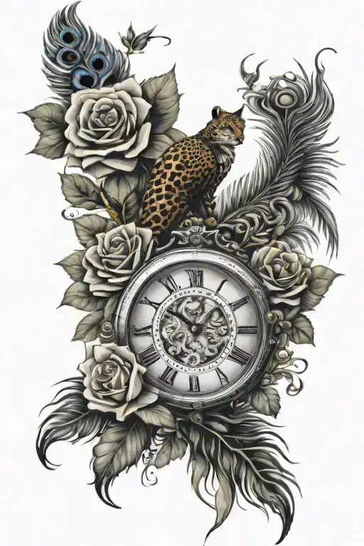 clock, roses, leopard, peacock feather transforming tattoo design idea