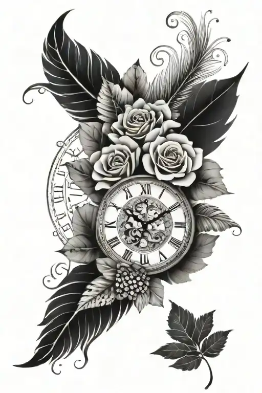 Rose, autumn leaf, clock, peacock feather, leopard tattoo design idea