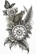clock, roses, leopard, peacock feather transforming, masculine  tattoo design idea