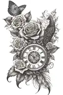 clock, roses, leopard, peacock feather transforming tattoo design idea