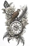 clock, roses, leopard, peacock feather transforming tattoo design idea