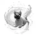 A Kerry Blue Terrier gracefully swimming in a fluid dynamics-inspired ocean tattoo design idea