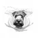 A Kerry Blue Terrier gracefully swimming in a fluid dynamics-inspired ocean tattoo design idea