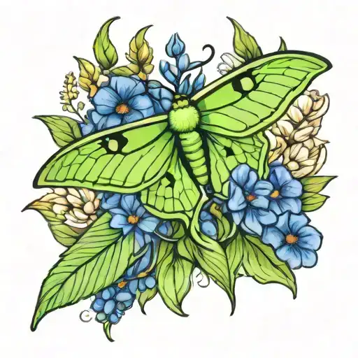 luna moth, delphinium, corn flower, blue bells  tattoo design idea