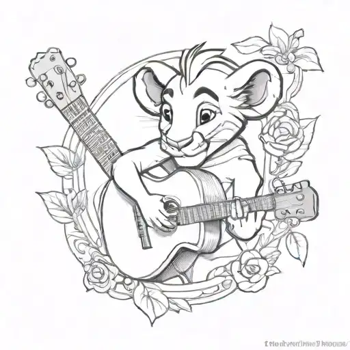 A sketch tattoo of Simba from The Lion King playing a guitar, combining the client's love for Disney and music tattoo design idea