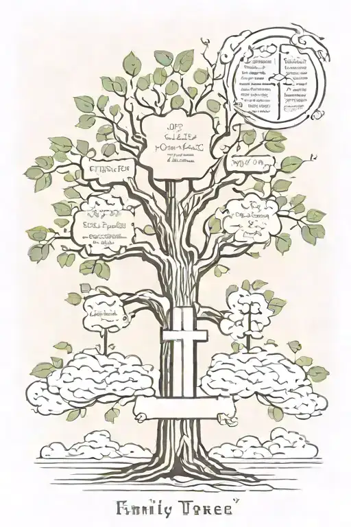 Family tree in heaven with trees and a cross in the background tattoo design idea