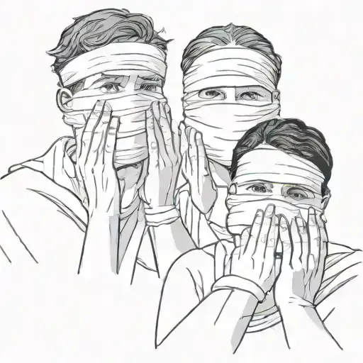 3 people with bandages covering they face and they hands on they face  tattoo design idea