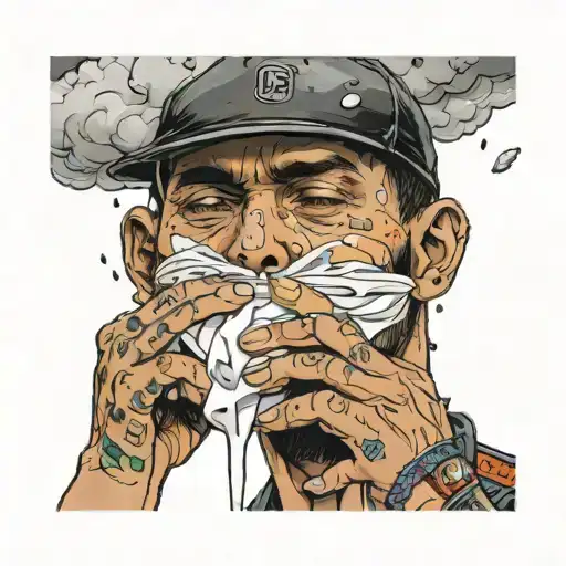 fear no man, sip, ace, sip p$, people with 3 bandages covering they face with they hands with clouds around it with rain tattoo design idea