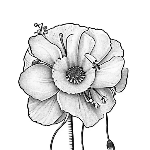 primrose , poppy, lily of the valley, honeysuckle,larkspur flower piece tattoo design idea