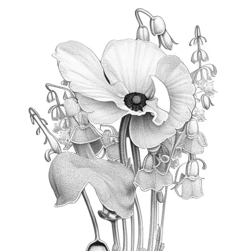 primrose , poppy, lily of the valley, honeysuckle,larkspur flower piece tattoo design idea