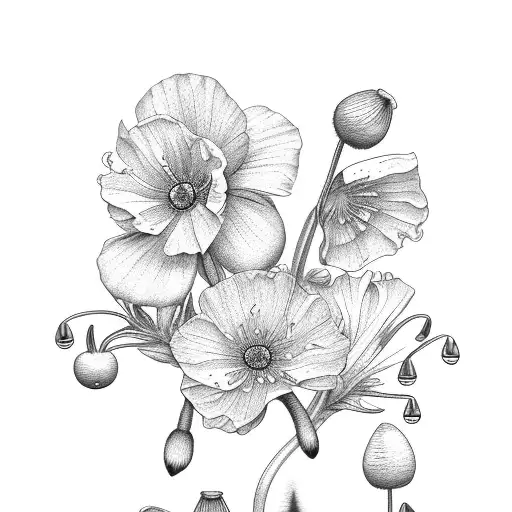 poppy , primrose ,lily of the valley, honeysuckle,larkspur flower piece tattoo design idea