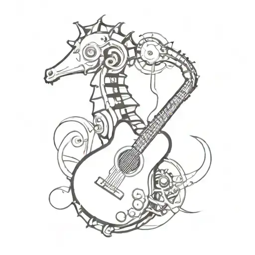 A black and grey tattoo of a mechanical seahorse playing a guitar tattoo design idea