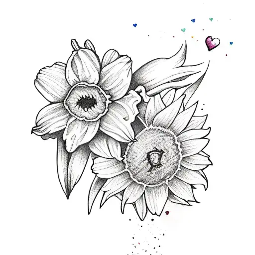 A whimsical new-school tattoo of a vibrant watercolor daffodil and daisy forming the shape of a heart, representing a mother's love tattoo design idea