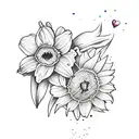A whimsical new-school tattoo of a vibrant watercolor daffodil and daisy forming the shape of a heart, representing a mother's love tattoo design idea