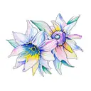 A whimsical new-school tattoo of a vibrant watercolor daffodil and daisy forming the shape of a heart, representing a mother's love tattoo design idea