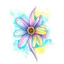 A whimsical new-school tattoo of a vibrant watercolor daffodil and daisy forming the shape of a heart, representing a mother's love tattoo design idea