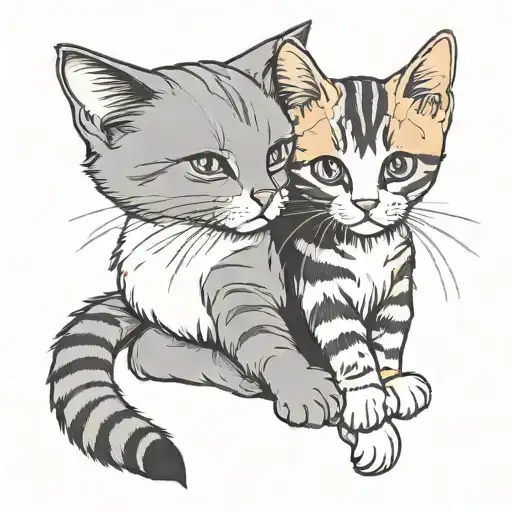 Gray cat with white paws hugs ginger kitten tattoo design idea