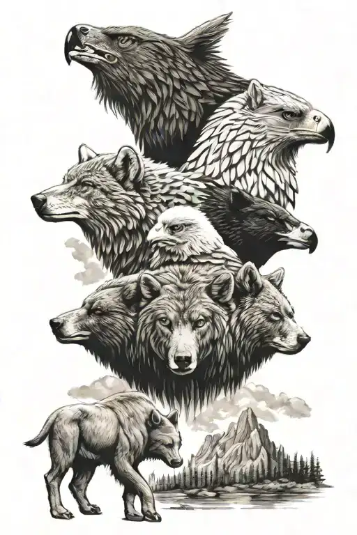 coyote, bear, eagle and buffalo tattoo design idea