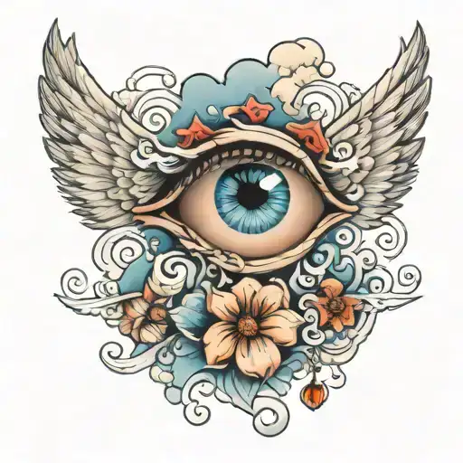 tear drops coming from and eye with wings and clouds from the sky tattoo design idea