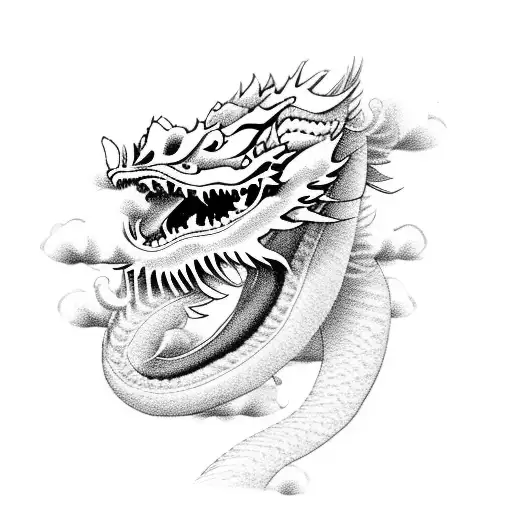 Chinese dragon, clouds, lilies, roses, peonies tattoo design idea