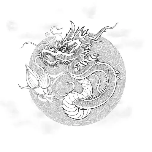 Chinese dragon, clouds, lilies, roses, peonies tattoo design idea
