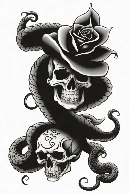 skull roses a coiled snake tattoo design idea